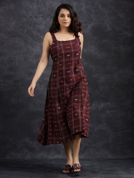 Sleeveless Maroon Cotton Midi Dress