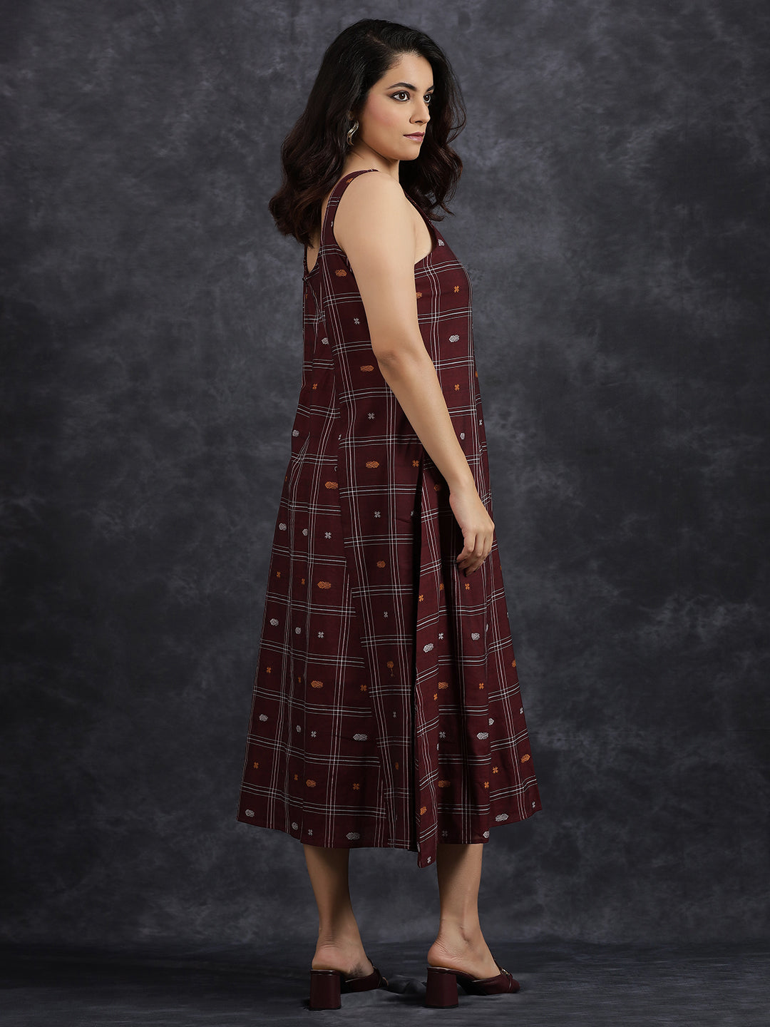 Sleeveless Maroon Cotton Midi Dress