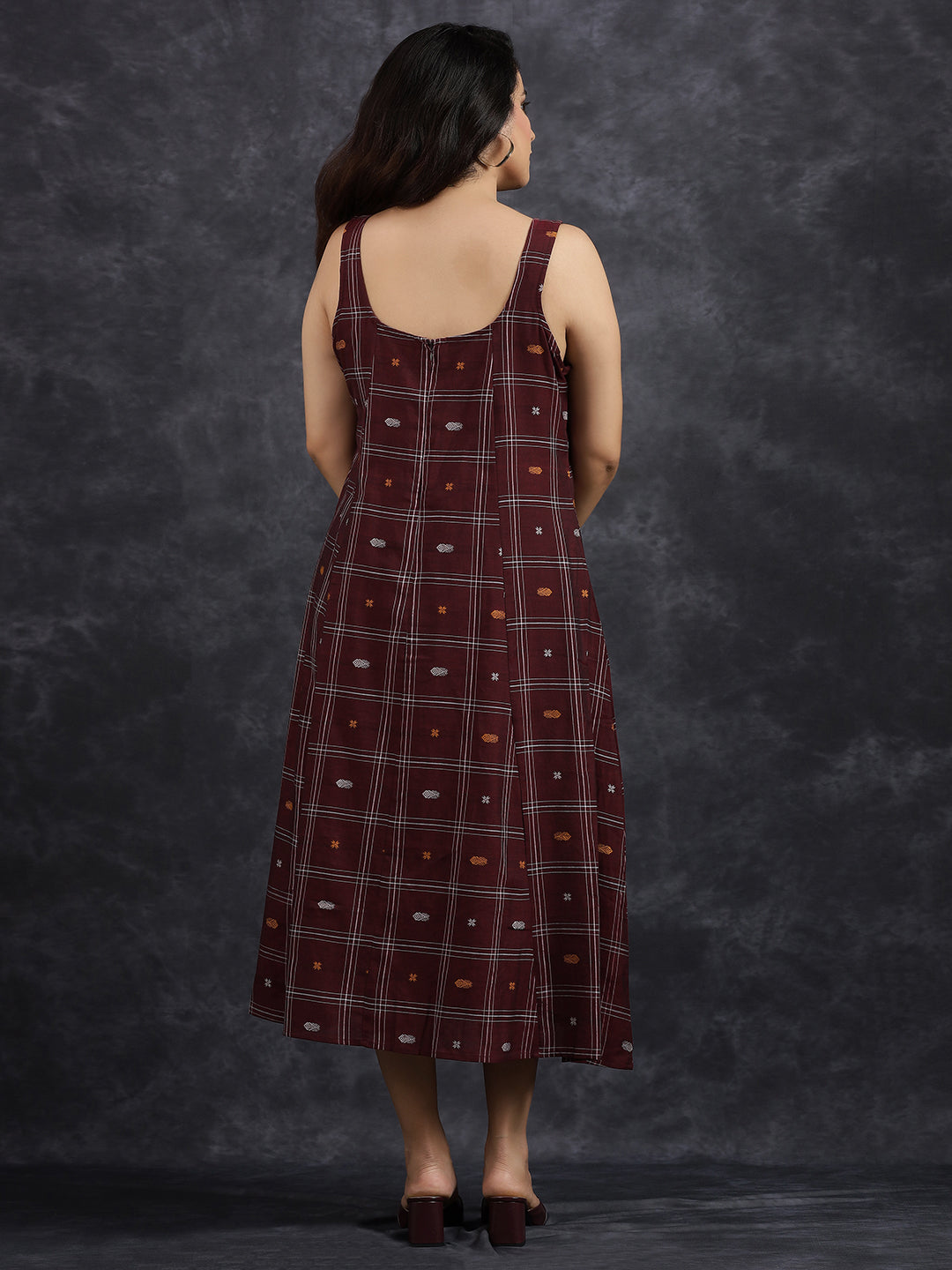 Sleeveless Maroon Cotton Midi Dress