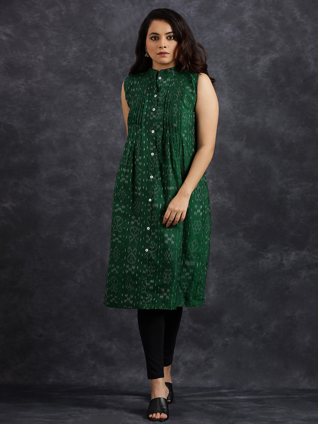Pintuck Sleeveless Green Cotton Kurta