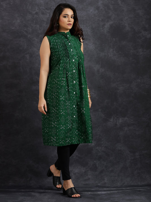 Pintuck Sleeveless Green Cotton Kurta
