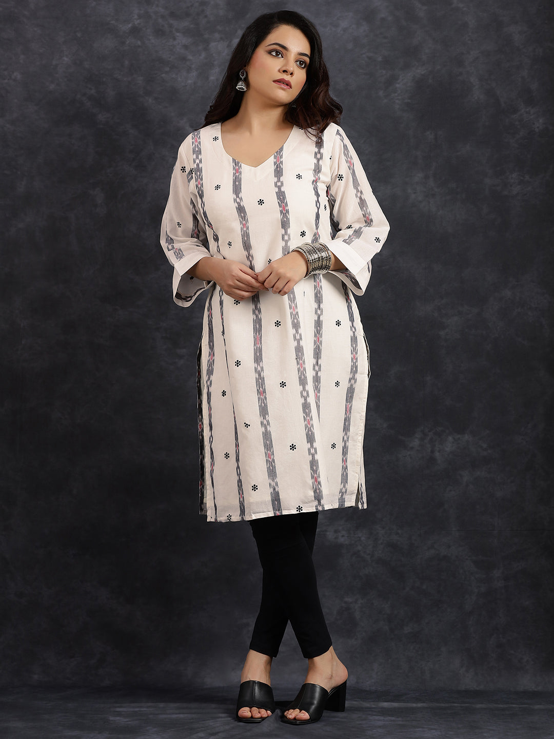 V-Neck Long Length White Kurta