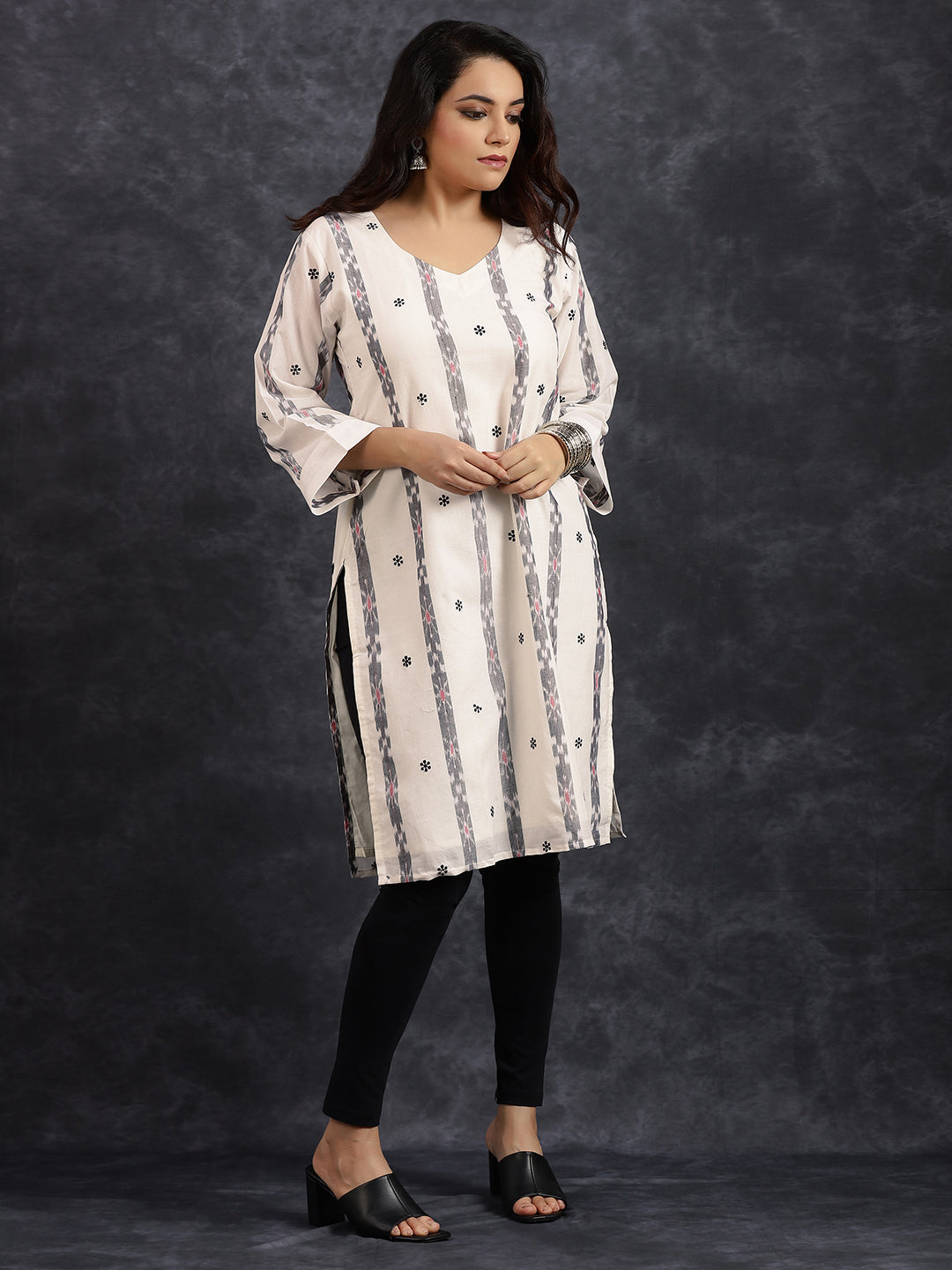 V-Neck Long Length White Kurta