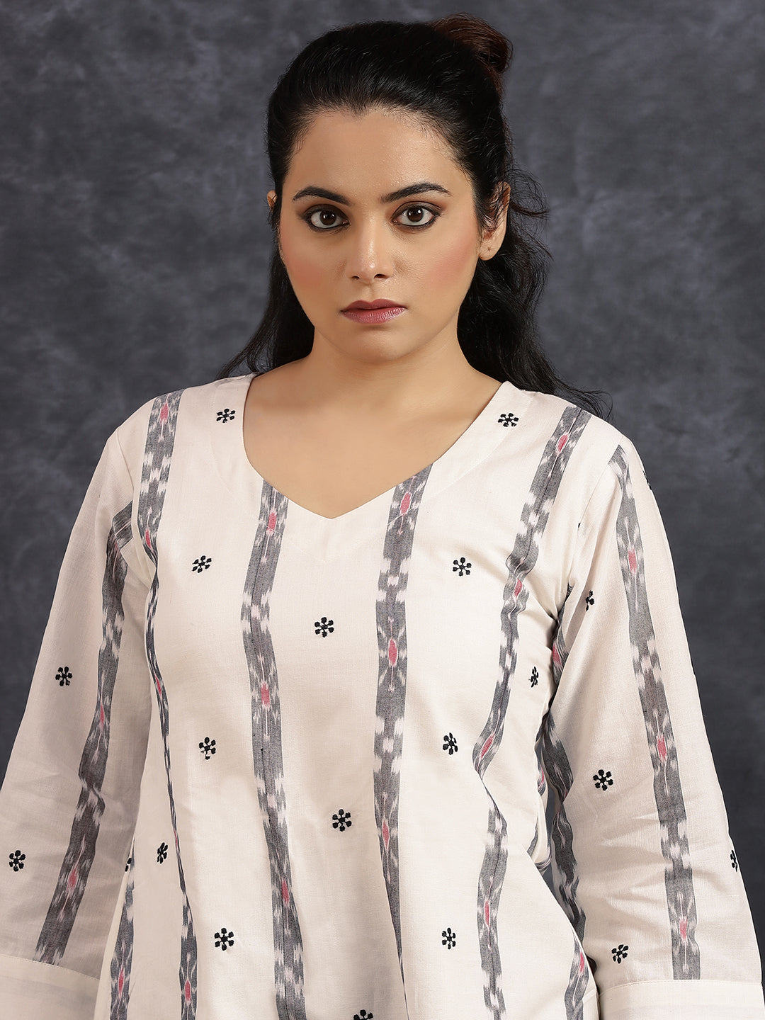 V-Neck Long Length White Kurta