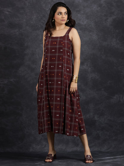 Sleeveless Maroon Cotton Midi Dress