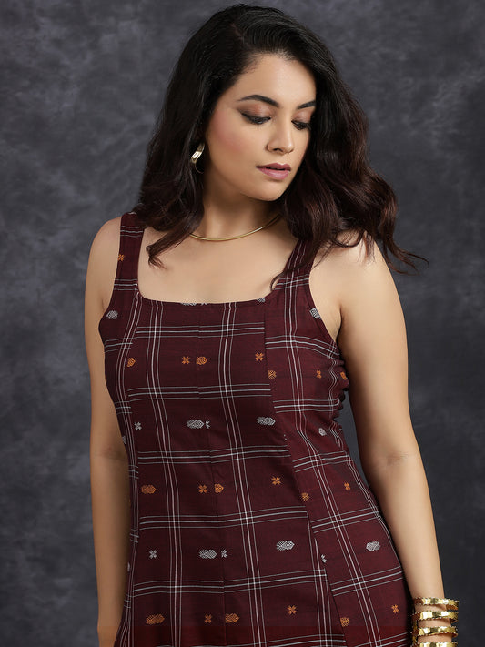 Sleeveless Maroon Cotton Midi Dress