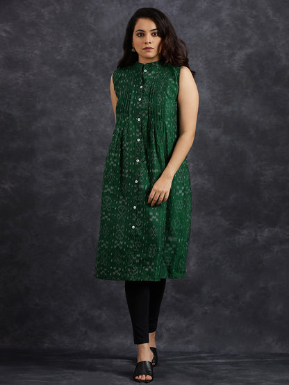 Pintuck Sleeveless Green Cotton Kurta