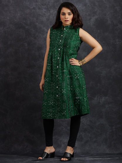 Pintuck Sleeveless Green Cotton Kurta