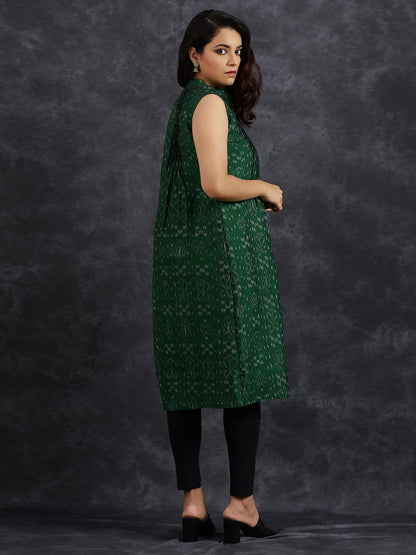 Pintuck Sleeveless Green Cotton Kurta