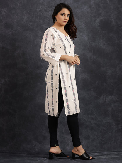 V-Neck Long Length White Kurta